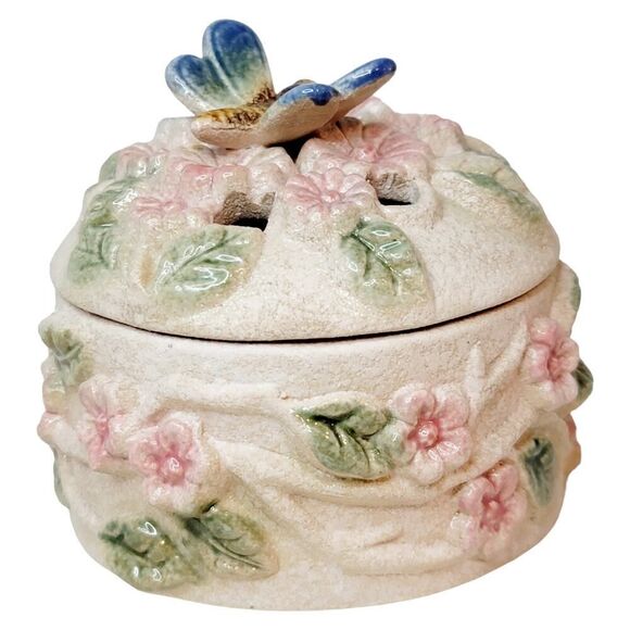 Vintage Potpourri Trinket Box Lidded Jewelry Box With Dragon Fly Floral - Picture 6 of 12